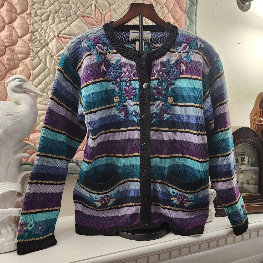 M Vintage Floral Embroidered Striped Cardigan Sweater, Purple & Teal